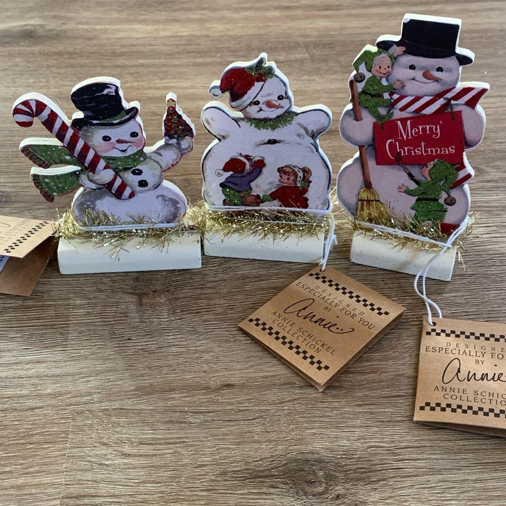 Primitive Annie Schnickel Winter Dummy Board Wood Snowman Shelf Sitter Set of 3